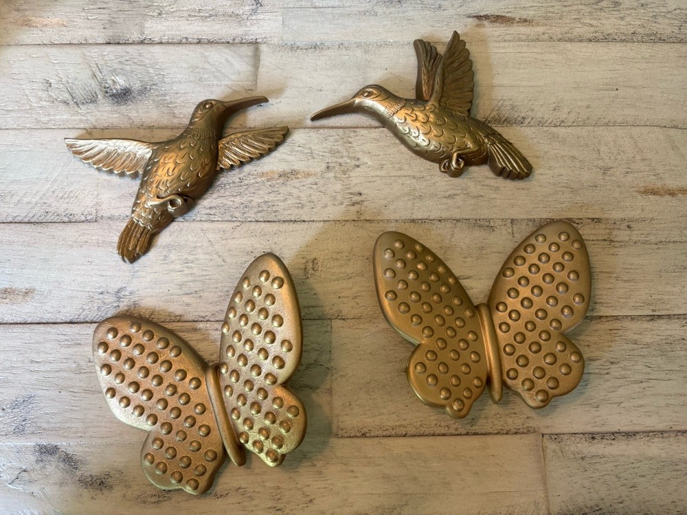 Vintage Burwood Butterfly & Unbranded Hummingbird Wall Plaques Gold Tone