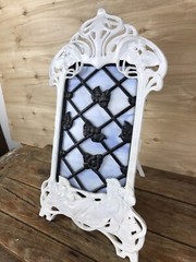 Vintage ART NOUVEAU HEAVY Figural Painted Cast Iron Easel Stained Glass Panel