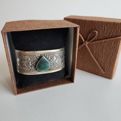 Vintage Tribal Cuff Bracelet | Mixed-Silver 800–900 Content | Malachite Cabochon