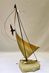 VTG Brass Sailboat Seagull Sculpture DeMott Signed Marble Quartz Base 13″