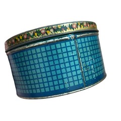 Vintage Blue Ameryl Candy Tin Gold Floral Marinello New York Chicago round