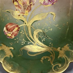 GDA Antique France Porcelain Limoges Hand Painted Tulips Green Gold Art Nouveau
