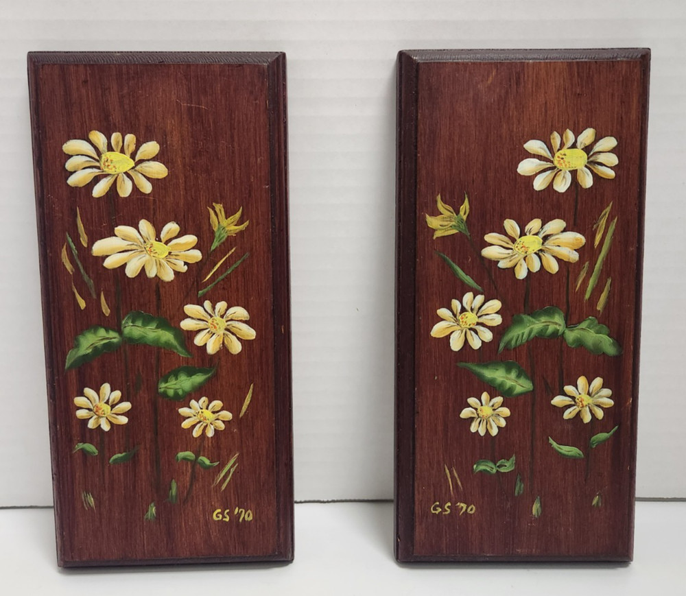 Set of 2 70s VTG Hand Painted Signed Floral Wood Plaques Cottagecore Boho MCM