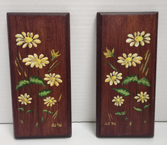 Set of 2 70s VTG Hand Painted Signed Floral Wood Plaques Cottagecore Boho MCM