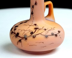 Victorian Art Nouveau Opaline Satin Glass Birds Flora 5″ Handled Bud Vase 1885-