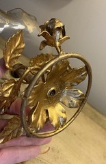 VTG Italy Gold Gilt Tole Metal Leaves/Roses Glass Candy Dish-Compote-Hollywood!