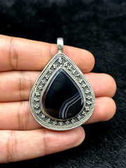 Vintage Wonderful Afghani Silver Plated Pendant With Black Agate Stone