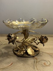 VTG Italy Gold Gilt Tole Metal Leaves/Roses Glass Candy Dish-Compote-Hollywood!