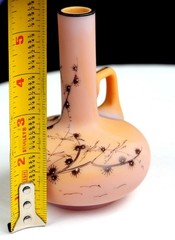 Victorian Art Nouveau Opaline Satin Glass Birds Flora 5″ Handled Bud Vase 1885-