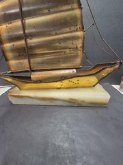 John DeMott Signed Metal Brass Sailboat Sculpture On Stone Base Decor Display