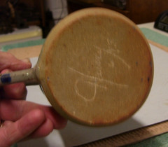 RANDOLPH, NY, BLUE AND GRAY STONEWARE COFFEE MUG, NEW YORK, SIGNED