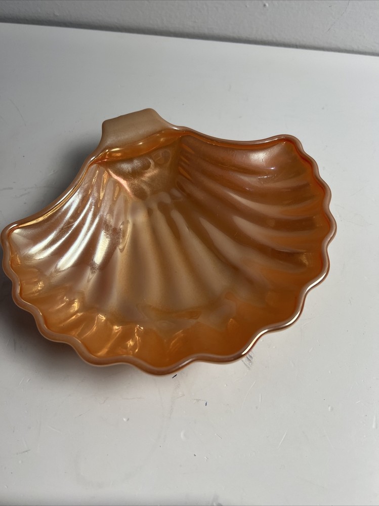 Vintage Carnival Glass Shell Lusterware Peach-Orange Candy Dish Trinket Keys