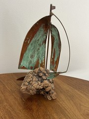 Copper Metal Green Sailboat Art Figurine Sculpture Wood Base Beach Coastal 10”