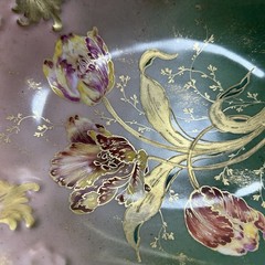 GDA Antique France Porcelain Limoges Hand Painted Tulips Green Gold Art Nouveau