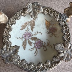 Antique Small Raised Meissen Bowl In Bronze Setting Footed 3 Cherubs 5″ Stunning
