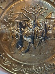 Vintage Brass Wall Decoration; 10″ Round Relief; Three Boys Ice Skating