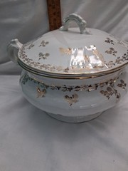 Vtg Ornate Chamber Pot With Lid White with Gold floral design, Victorian?