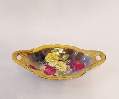 1920s O&EG Royal Austria Rose Pompadour Hand Painted Trinket Bowl Gold Handles