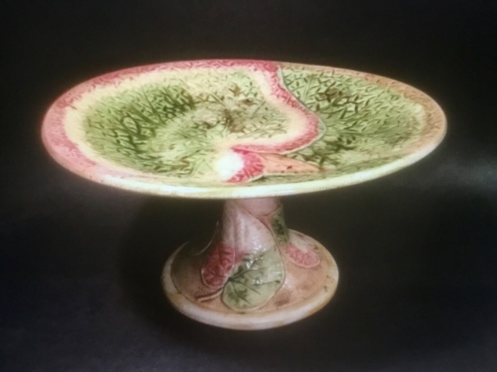 Antique Majolica Begonia Leaf Tall Pedestal Dish Platter