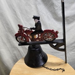Cast Iron Motorcycle Dinner Door Bell Hand Painted Red Motorcycle Rider