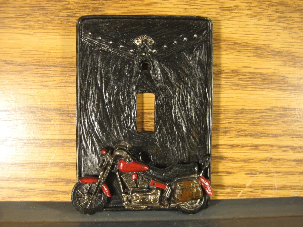 Motorcycle faux leather jacket pocket resin light switch plate for den