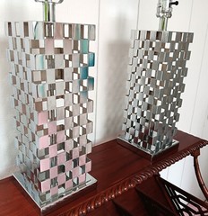 2 CHECKERBOARD chrome table lamp vtg pop mod mcm ’80s modernist art sculpture