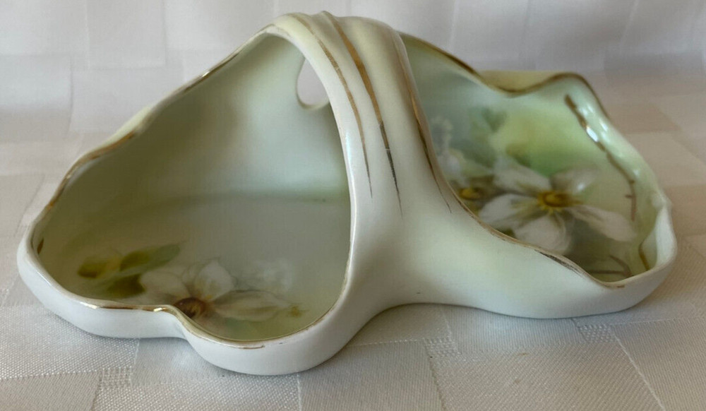 Antique EDWARDIAN R.S. Germany Handled Pastel Green Bon Bon Dish WHITE CLEMATIS