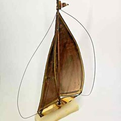De Mott Brass Copper Sailboat 9″ Ship Signed Art Sculpture Onyx 1970s Heavy Vtg