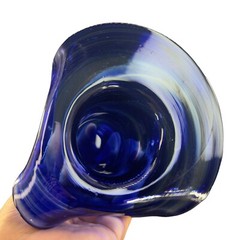 1980s Art Glass Hat Shaped Dish Bowl Clear Cobalt Blue Swirls Folded Edges VTG