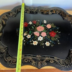 VTG Black Tole Toleware Painted Tray Scalloped Floral Cottage Goth Boho 20″x25″