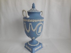 1968 Wedgwood Blue Jasperware Erato & Urania 11.5″ Tall Urn w/ chip underneath
