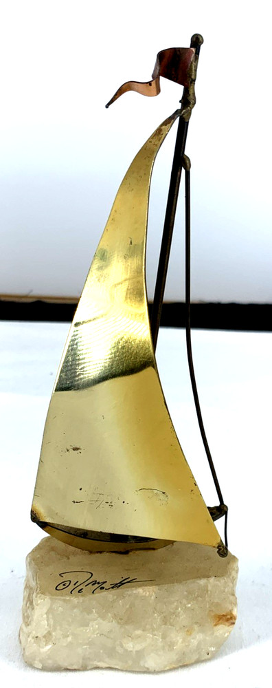 John Demott Metal Sailboat Sculpture Brass Onyx 8.5″ Signed