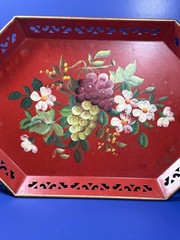 Vintage Hand‑Painted Metal Tray – Nashco Style – Red Floral & Fruit Design
