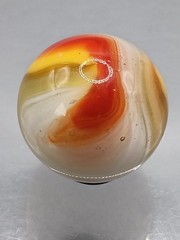 .76″ Akro Corkscrew Popeye Red, Yellow, White Shooter Marble- #CE136