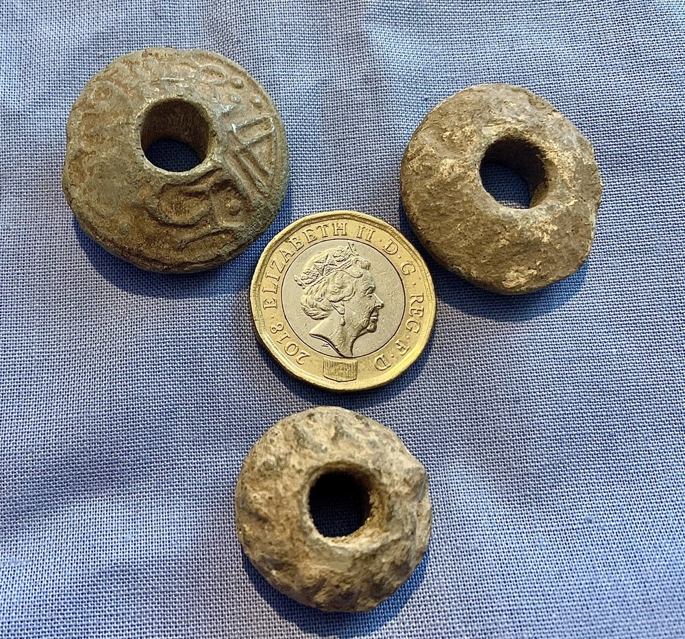 3 Medieval Period Patterned Lead Wool Spindle Whorls – Found On Dig