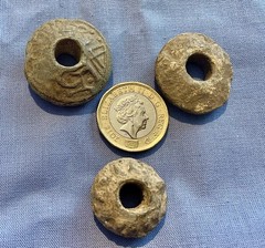 3 Medieval Period Patterned Lead Wool Spindle Whorls – Found On Dig
