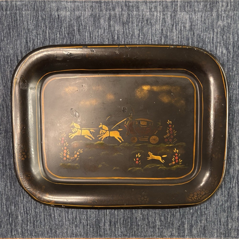 Antique Toleware Tray Hand-painted Metal, Horses & Carriage, Floral, Decor