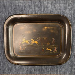 Antique Toleware Tray Hand-painted Metal, Horses & Carriage, Floral, Decor