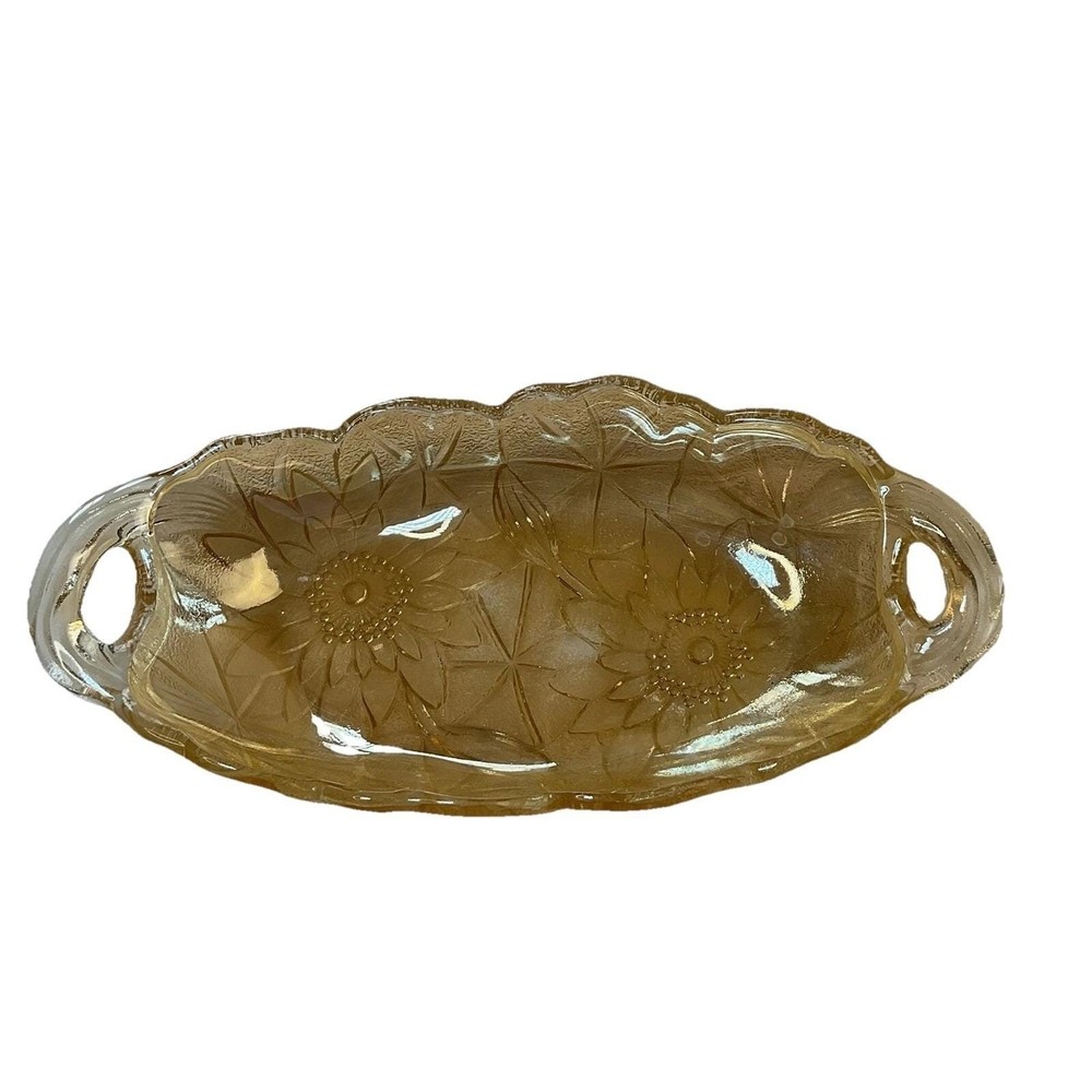 Vintage Carnival Glass 70’s gold Tray Sunflower Candy Dish Bowl