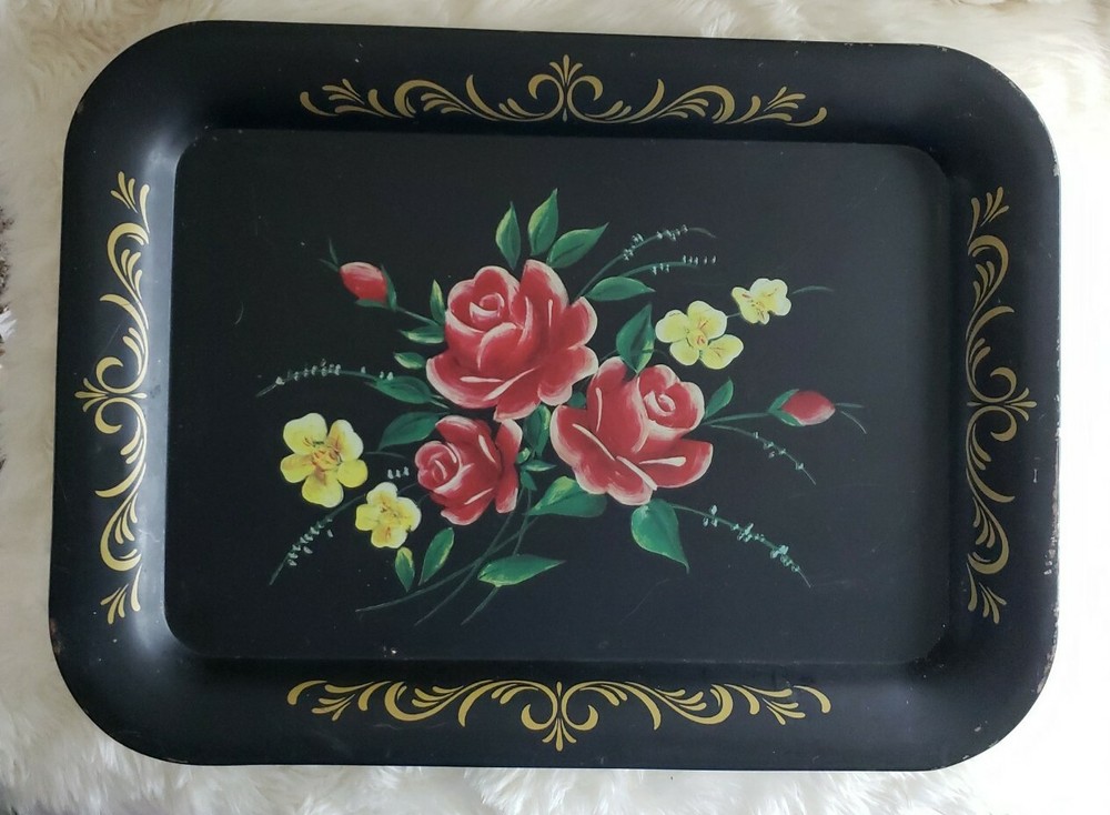 Vintage Toleware Metal Tray Black with Handpainted Rose Floral Design 18″ x 13″