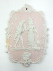 SET OF 2 ANTIQUE STYLE HIGH RELIEF BISQUE PORCELAIN PLAQUES OF COURTING COUPLE