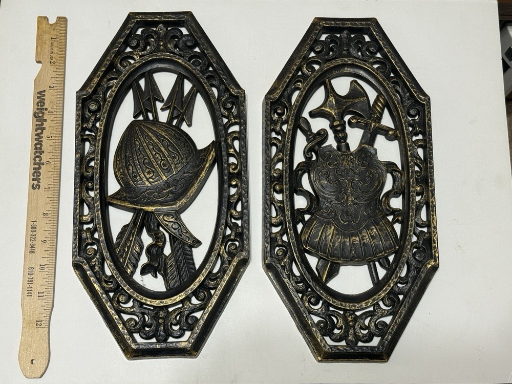 1968 HOMCO SET 2 WALL PLAQUES MEDIEVAL 7103 7105 BLACK BRONZE DECOR GOTHIC USA