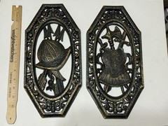 1968 HOMCO SET 2 WALL PLAQUES MEDIEVAL 7103 7105 BLACK BRONZE DECOR GOTHIC USA