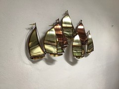 Vintage MCM DEMOTT Brass & Copper Sailboat Metal Wall Hanging Sculpture Signed