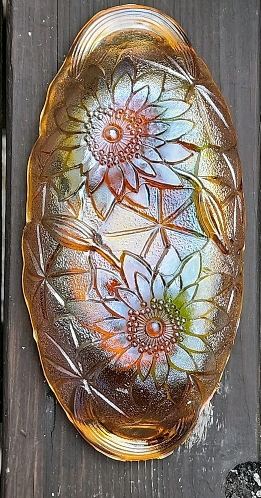 Amber Glass Candy Dish Carnival Glass Sunflower Pattern Oval Vintage Chip