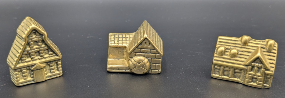 Vintage Set of (3) Miniature Solid Brass Collectible Houses/Buildings