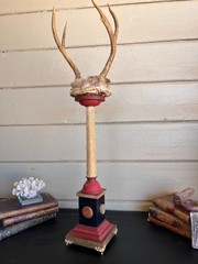 Baroque Curiosity Cabinet Vintage Trophy Antlers W Gilded Column & Specimen Gems