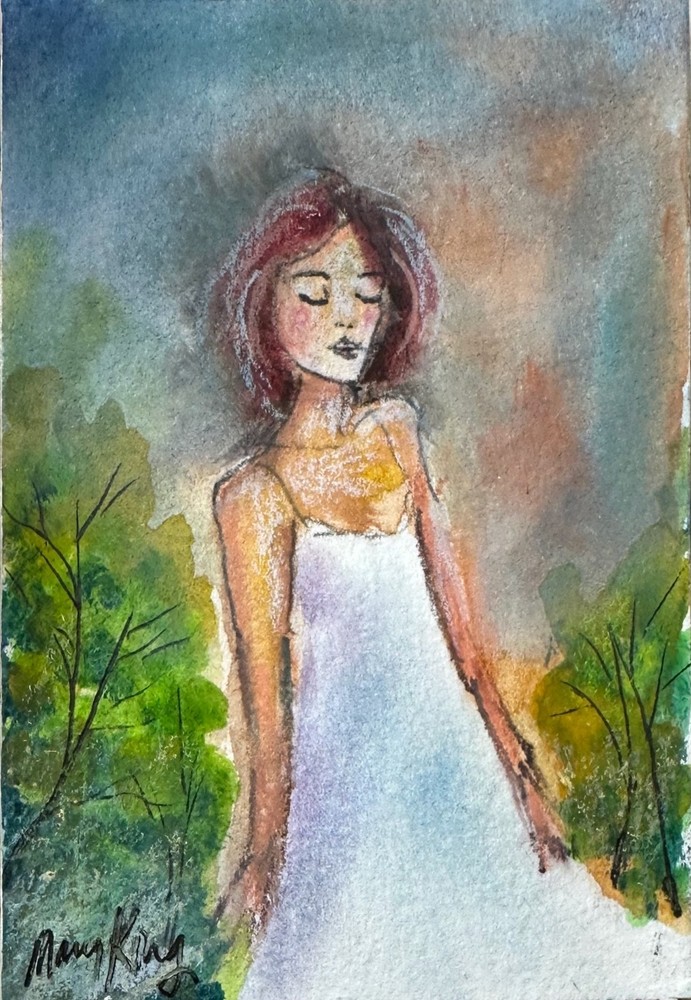 Original Watercolor ACEO Painting by Mary King – Misty Garden Love – woman