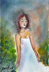Original Watercolor ACEO Painting by Mary King – Misty Garden Love – woman