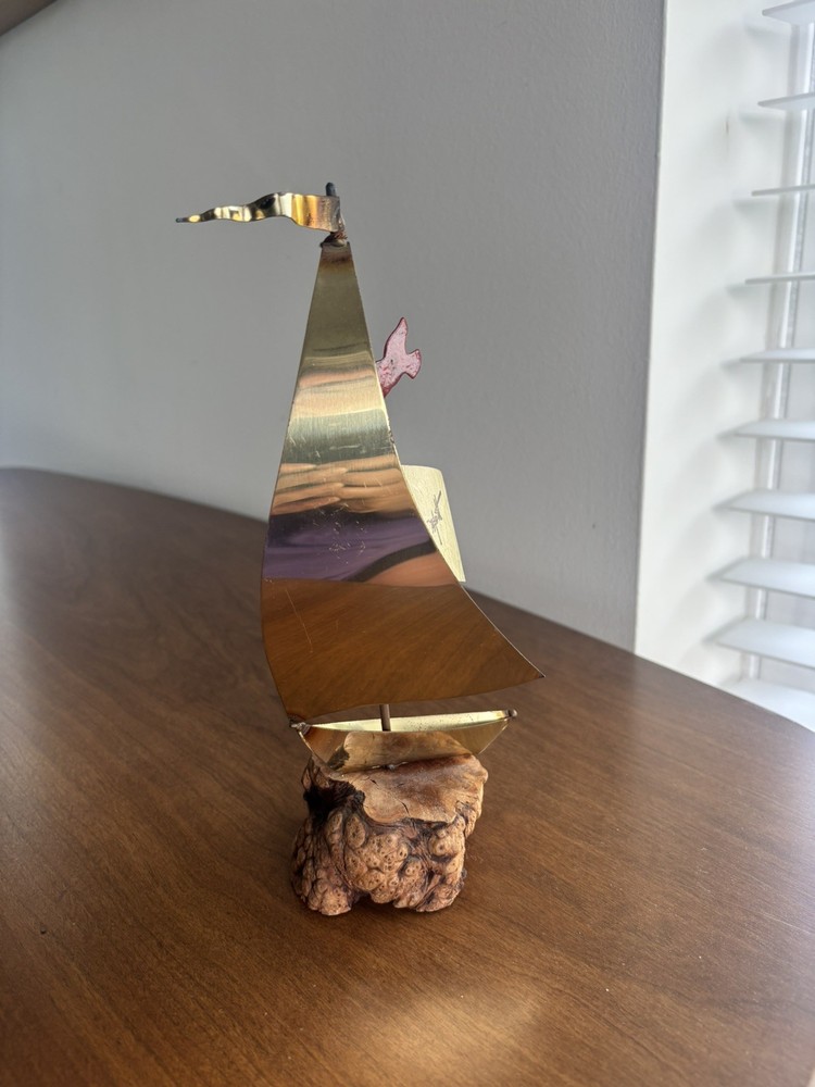 SIGNED DEMOTT NAUTICAL SAILBOAT SCULPTURE CALIFORNIA USA WOOD BRASS 9 in